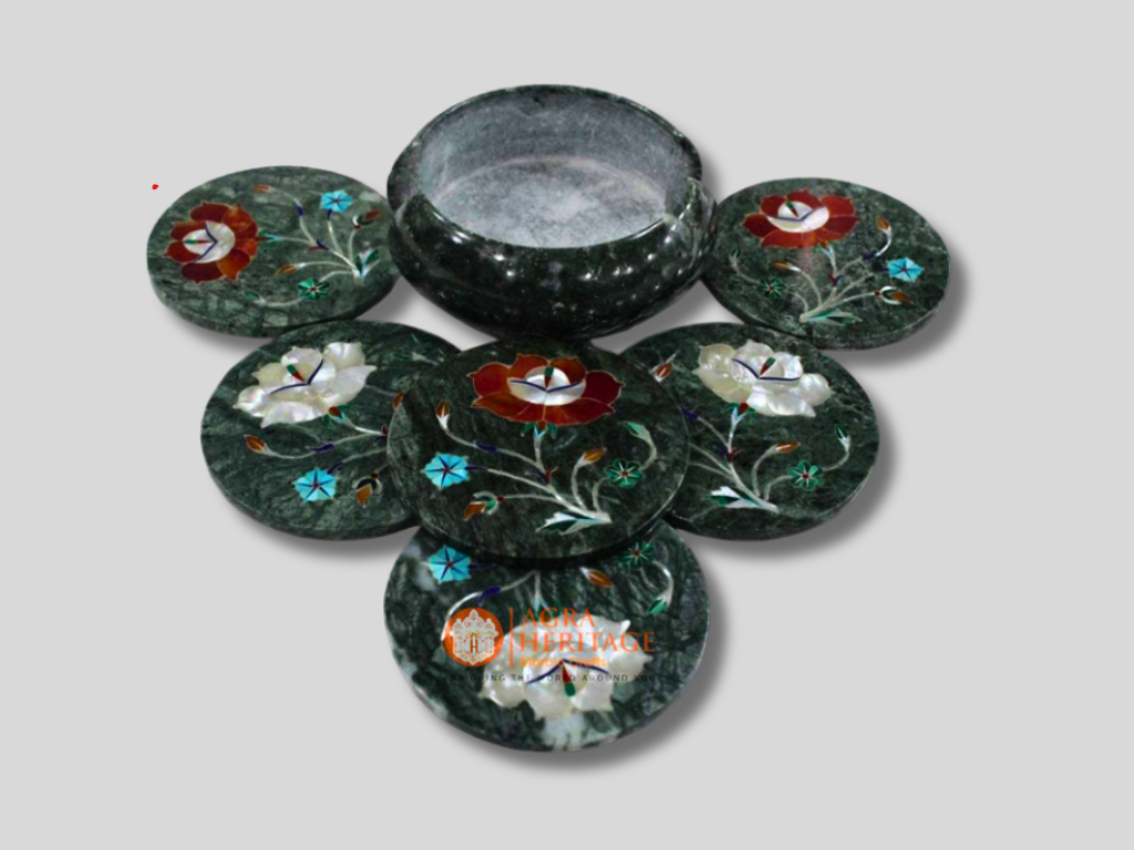 Black Marble Carnelian Floral Coaster Set